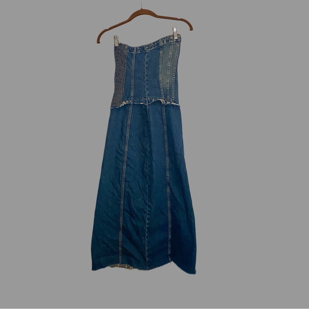 💛XS💛 Zara Tube Dress Denim Panel Asymmetrical Distressed Midi Maxi Slit Ruched